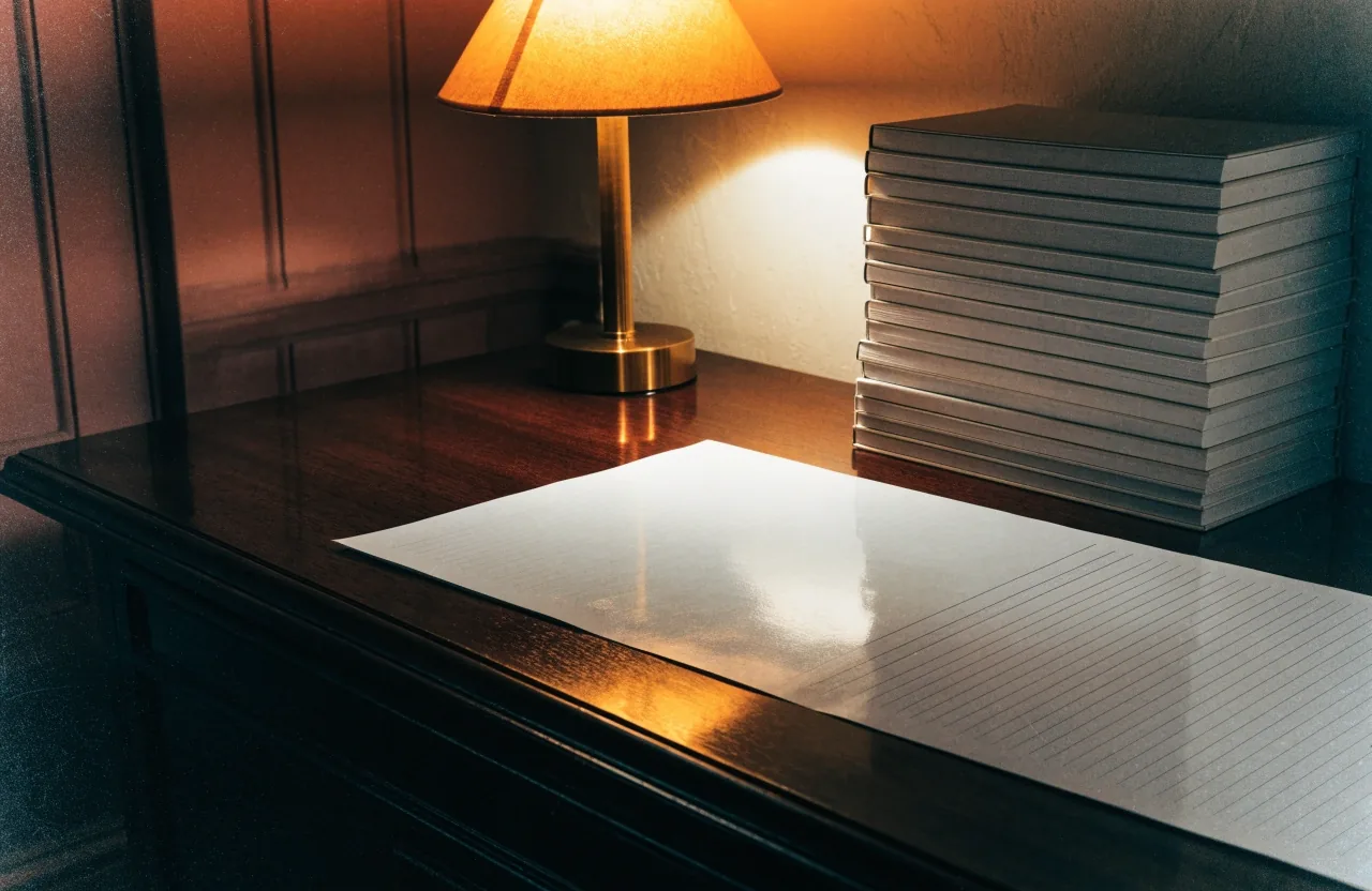 Editorial desk with payroll reference material under a warm lamp