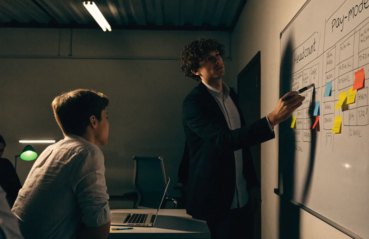 Finance team building a headcount and pay forecast on a whiteboard