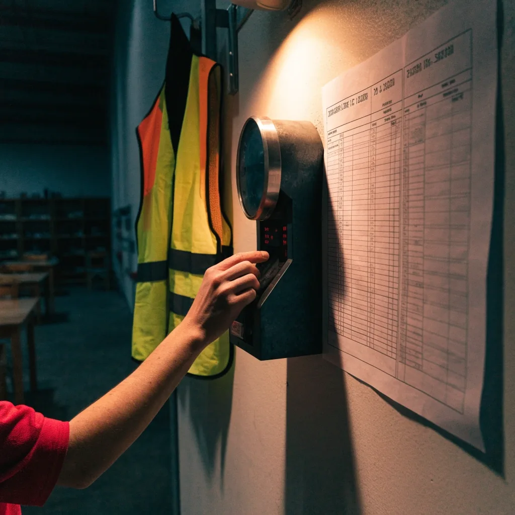 Hand on a wall time clock beside a blank shift schedule grid