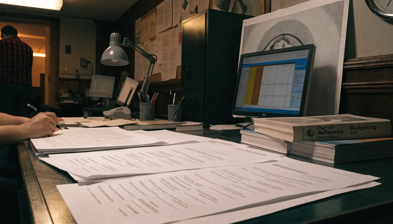 Payroll register sheet under warm lamp light between saturated print bands
