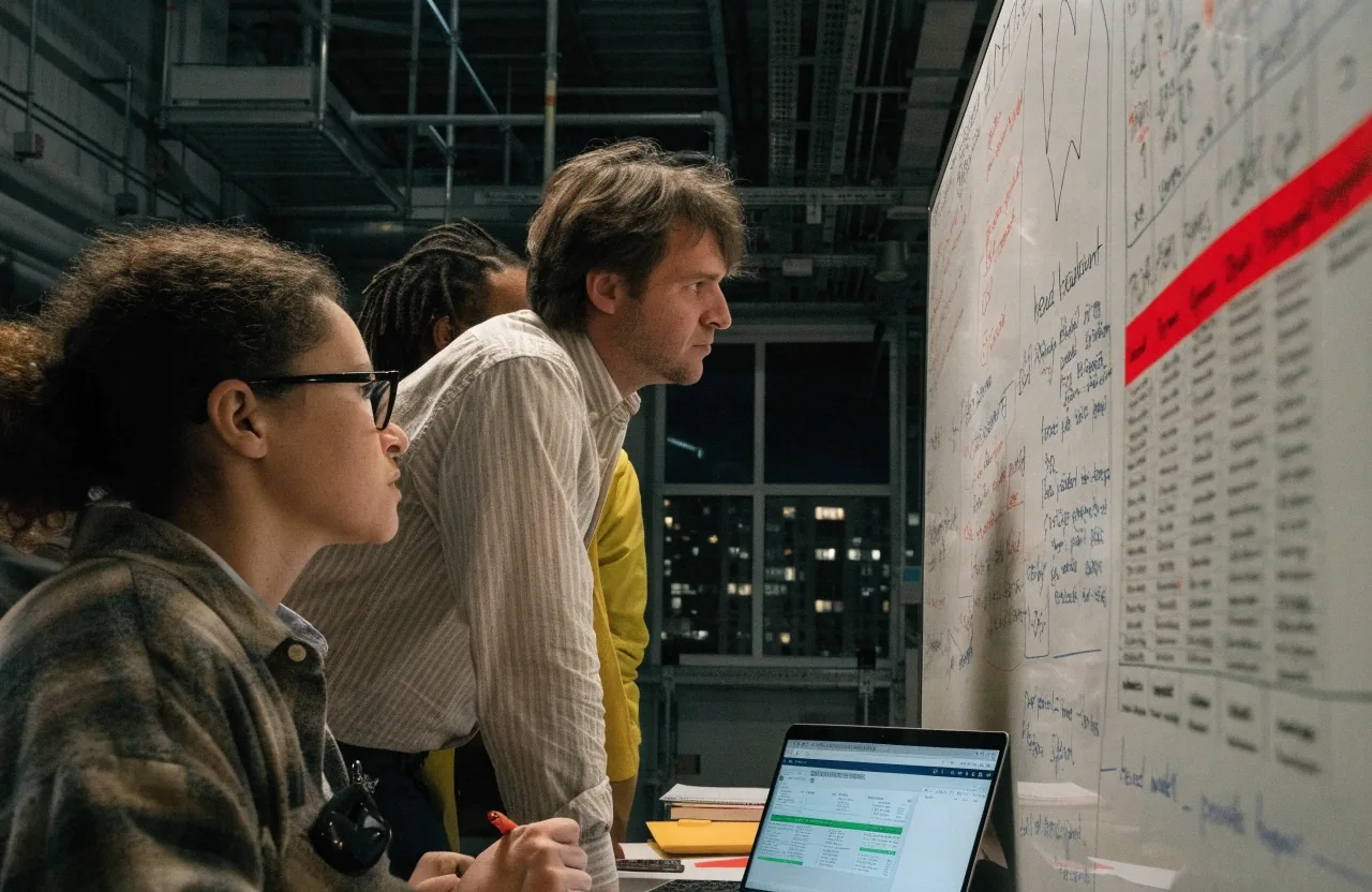 Finance team working through headcount and pay-model columns at a whiteboard