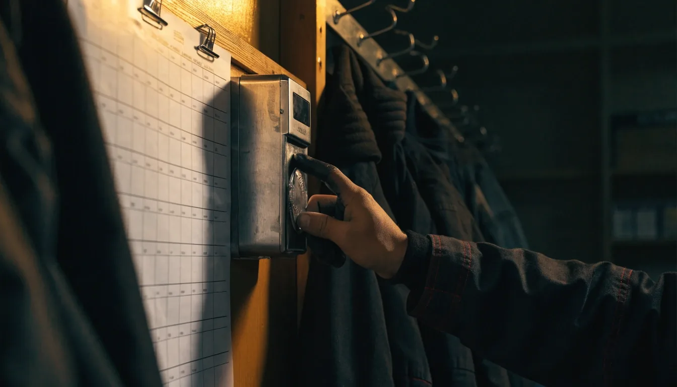 Hand pressing a time clock beside a shift-schedule grid in an hourly workplace
