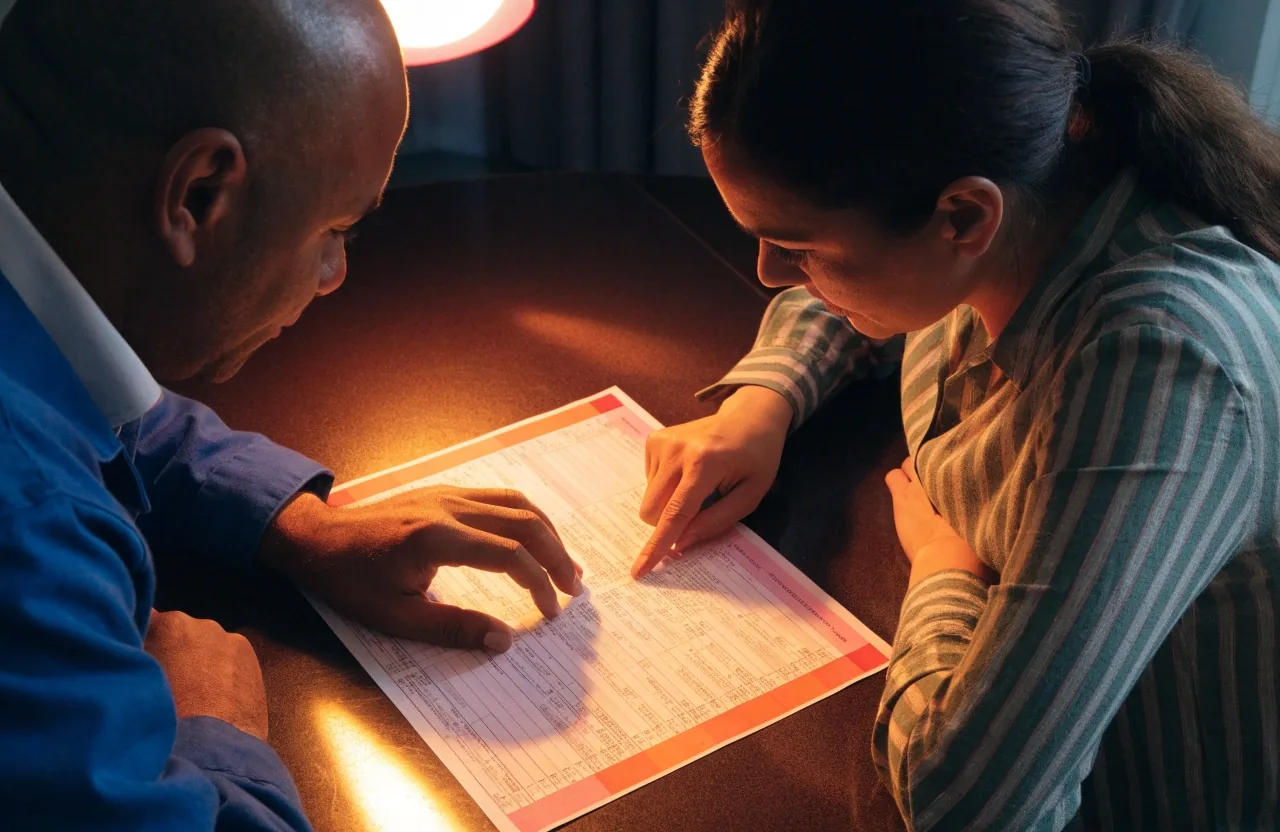 Payroll register ledger on a white sheet framed by saturated print bands under warm lamp light