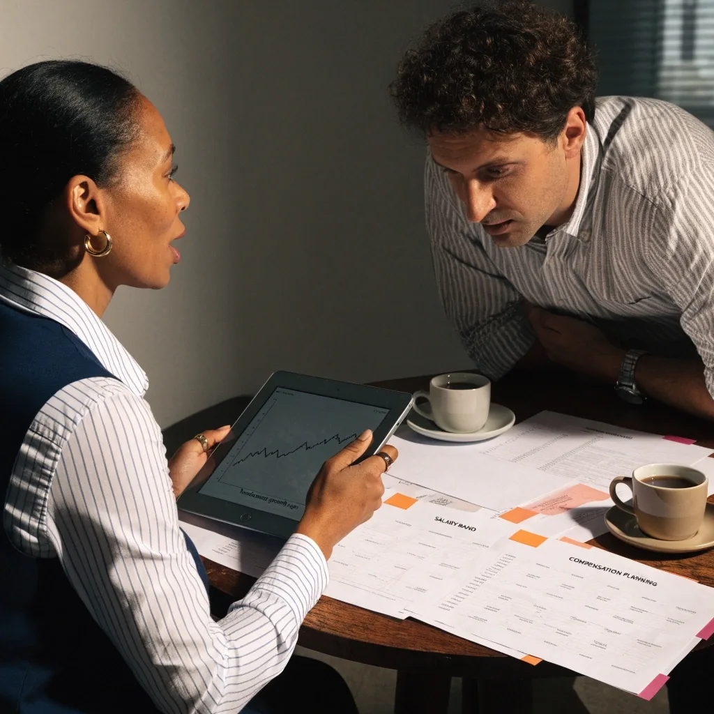 Salary band and merit matrix documents arranged on a flat register sheet