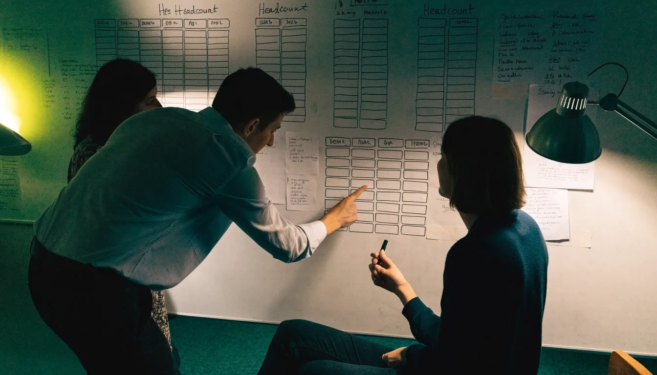 A finance team at a whiteboard, mapping headcount and pay columns beside taped-up worksheet pages