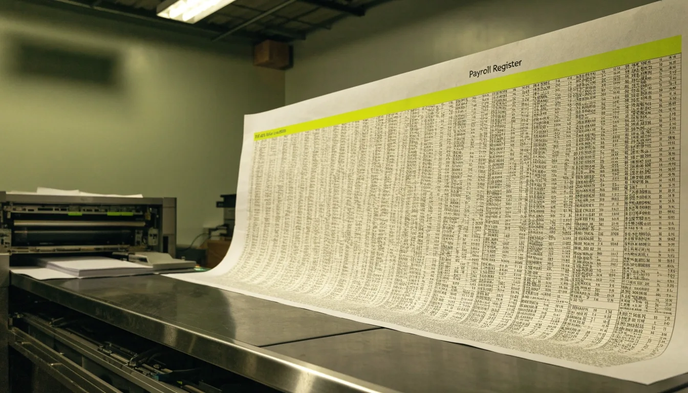 A payroll register sheet printed at large scale, its columns separated by hairline rules and framed by a saturated rose band