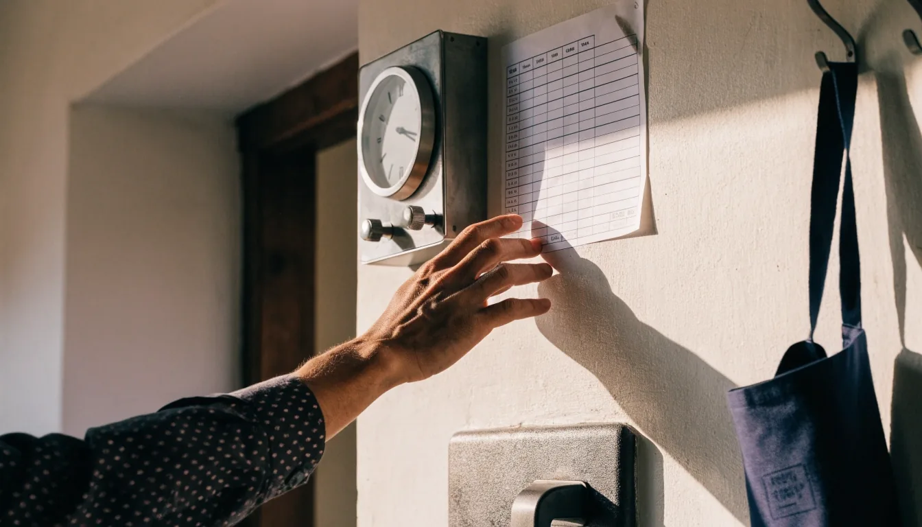 A hand at a wall time clock beside a printed shift-schedule grid in an hourly workplace