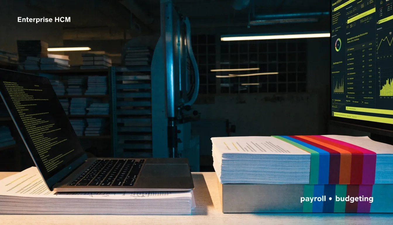 Printed payroll register pages on an editorial desk under a warm desk lamp at night