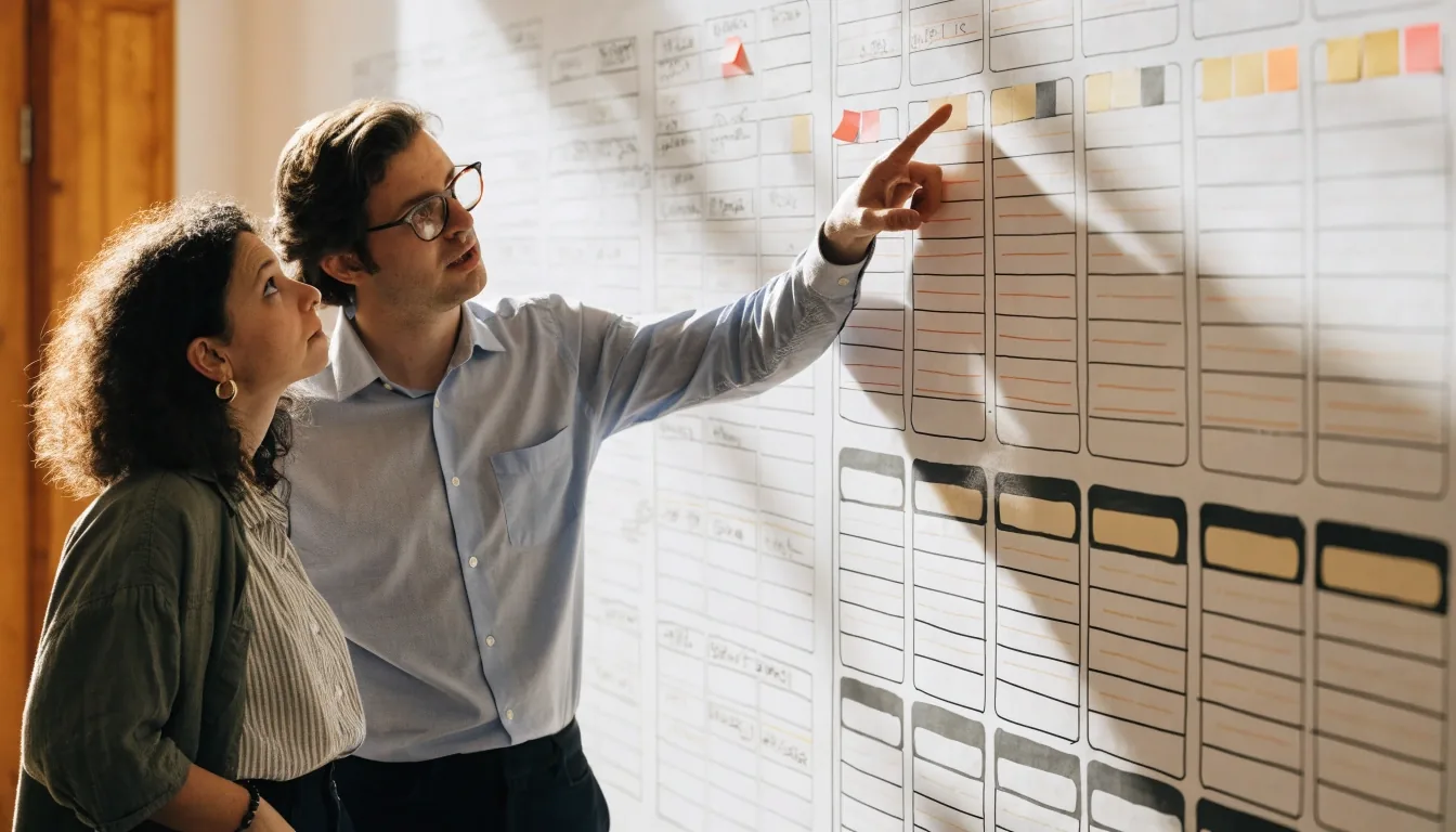 Two colleagues reviewing headcount and pay model columns on a forecast whiteboard