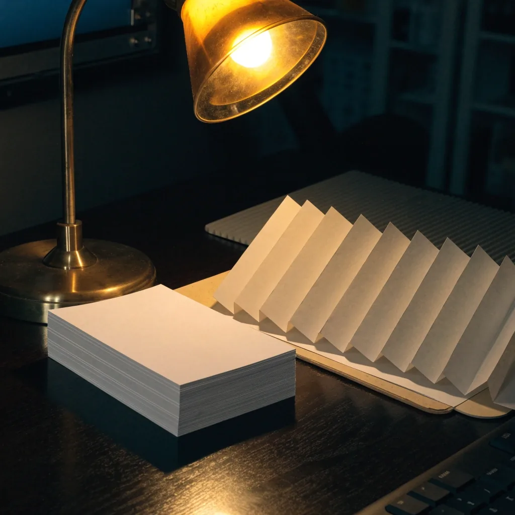 Blank index cards and a folded sheet of register paper on a lamp-lit desk