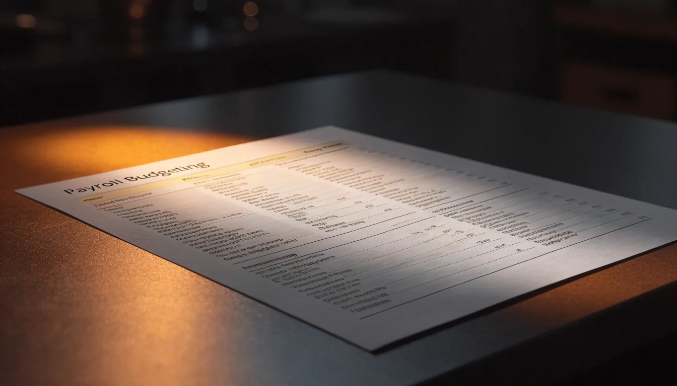 Printed payroll register sheet lit by a warm desk lamp on a dark work surface