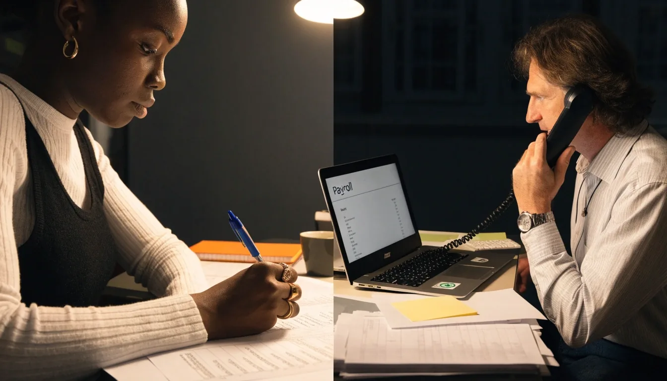 Several sheets of blank ruled paper and a keyboard on a shared office desk under a warm lamp at night