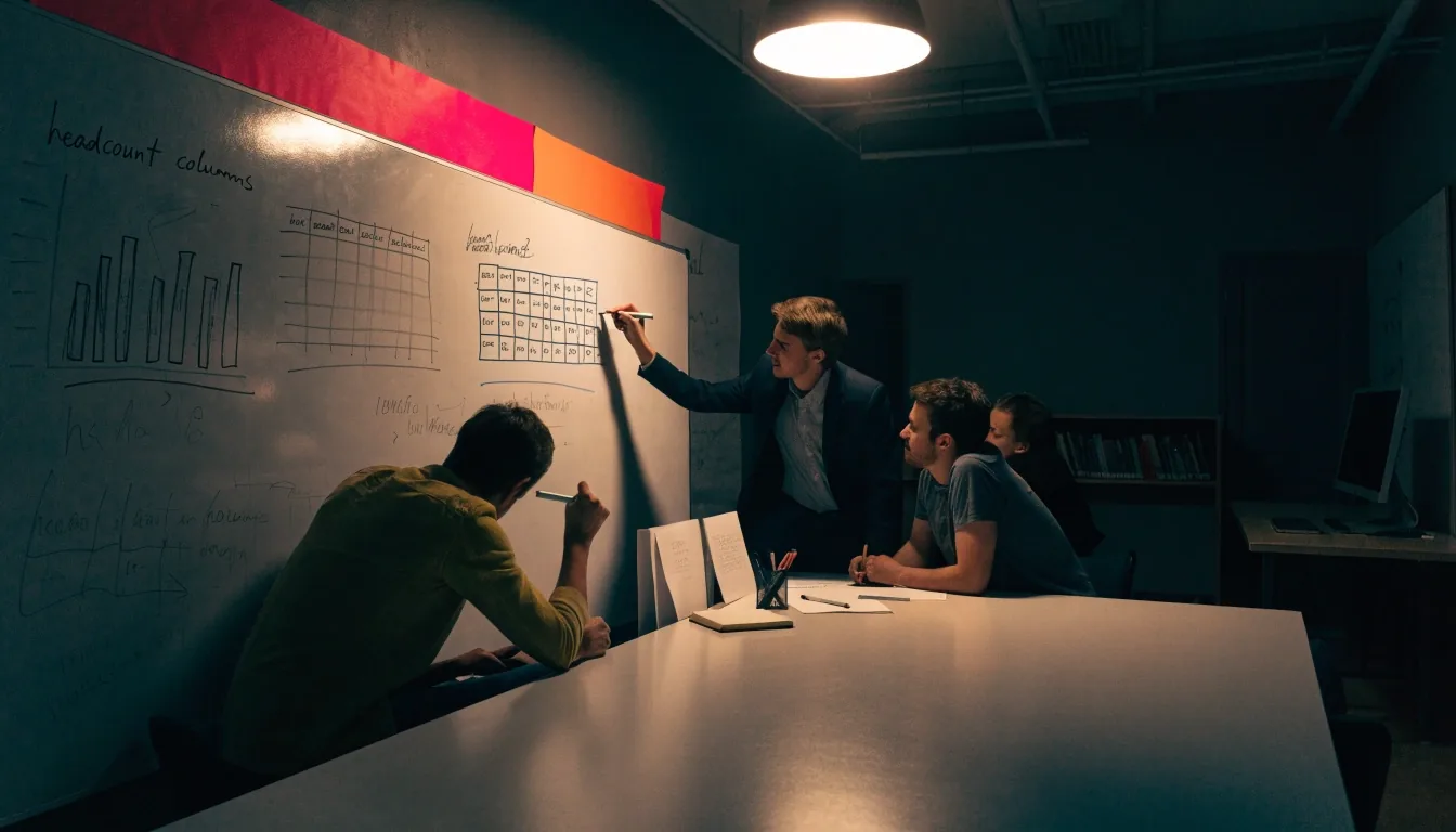 Finance team at a whiteboard sketching headcount and pay-model columns in a dim office
