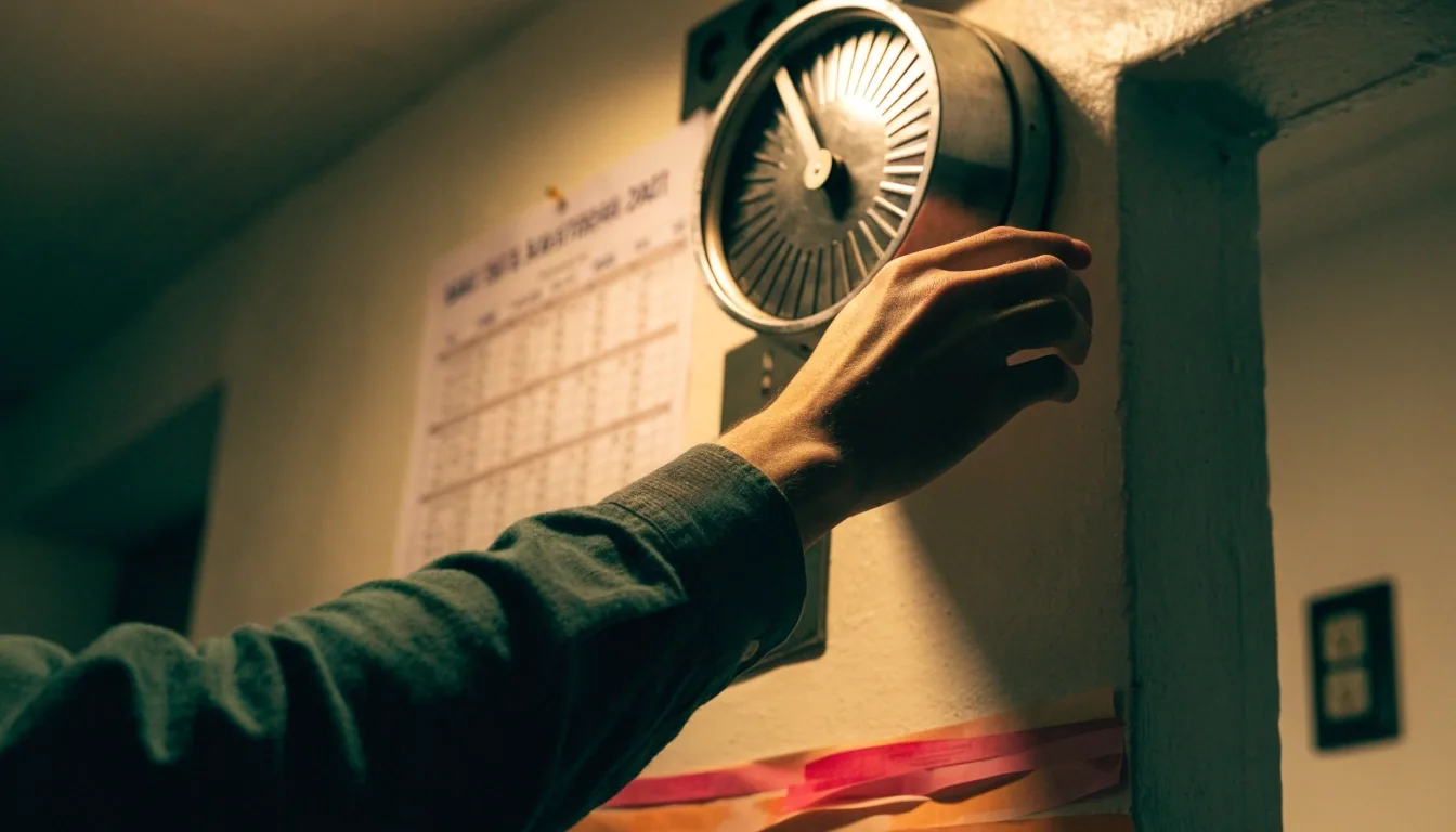 Hand at a wall time clock beside a shift schedule grid in an hourly workplace
