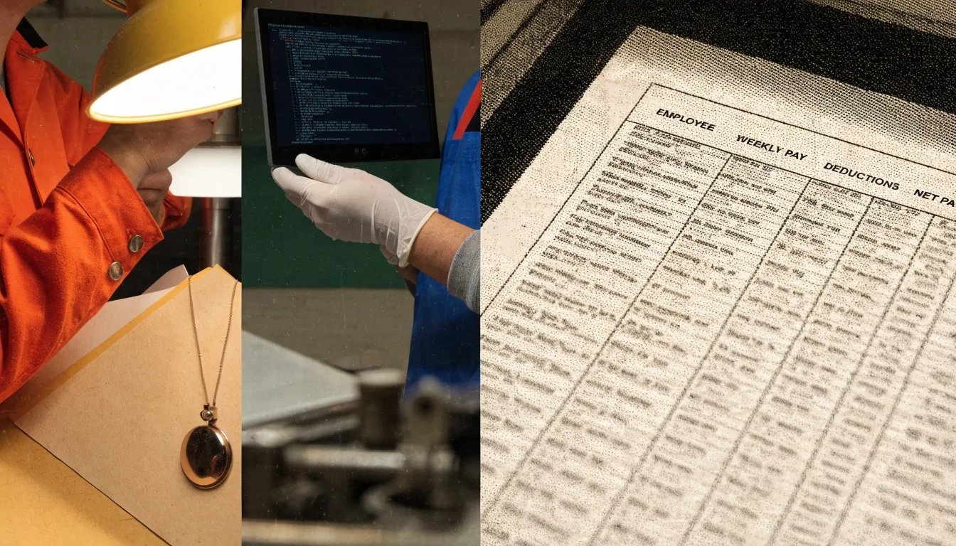 Payroll register sheet under a warm desk lamp, framed by orange and rose paper bands