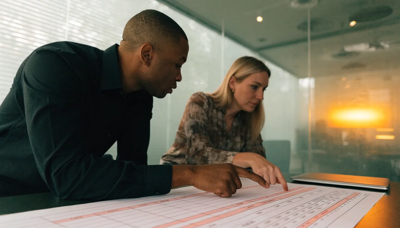Finance team reviewing headcount and pay-model columns on a whiteboard