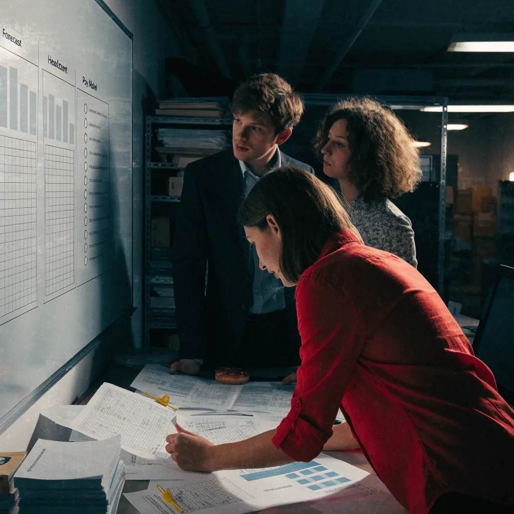 Printed salary band chart and merit matrix documents on a register band