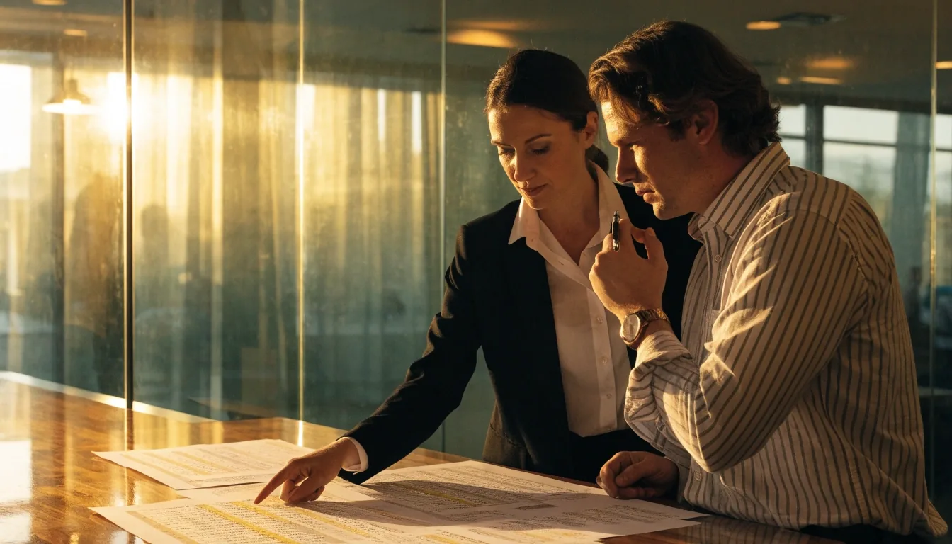 Finance manager and operations lead reviewing printed comparison sheets spread across a table