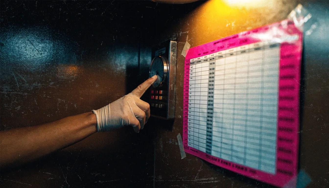 Hand on a wall-mounted time clock beside a shift-schedule grid in a staff room under warm lamp light