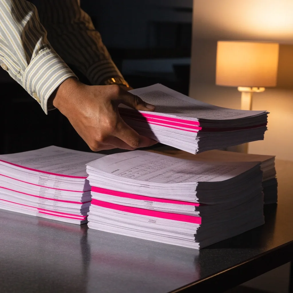 Overhead view of a desk where benefits, device inventory, and payroll paperwork have been consolidated into one stack