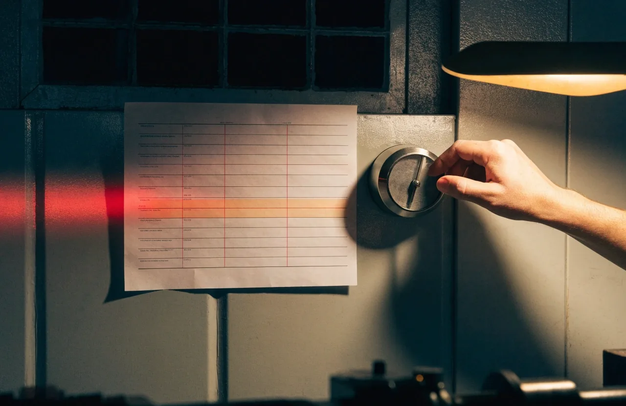Shift-schedule grid and time clock on an hourly workplace wall under lamp light