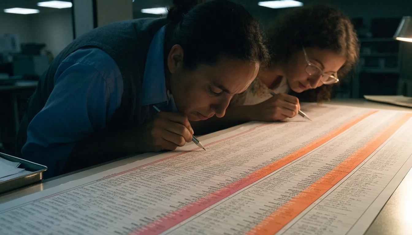 Wide ledger rows printed on register paper in a small finance office under lamp light