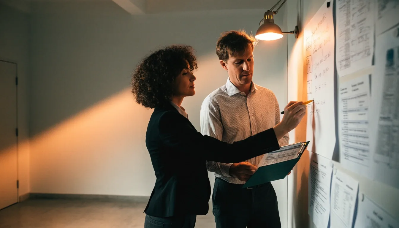 Finance team reviewing headcount and pay-model columns on a whiteboard wall