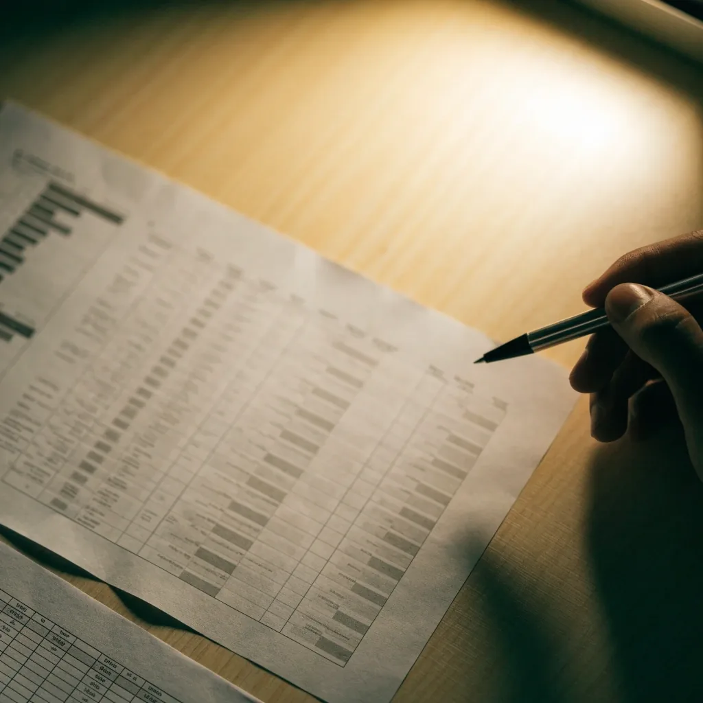 Payroll register and printed salary band chart on a desk under a warm lamp