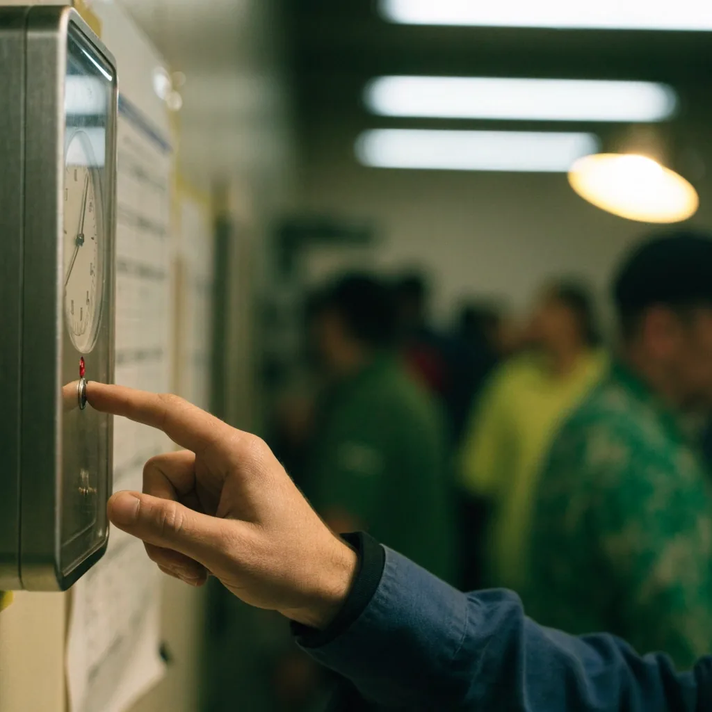 A worker clocking in at a wall-mounted time clock with a shift schedule grid behind them